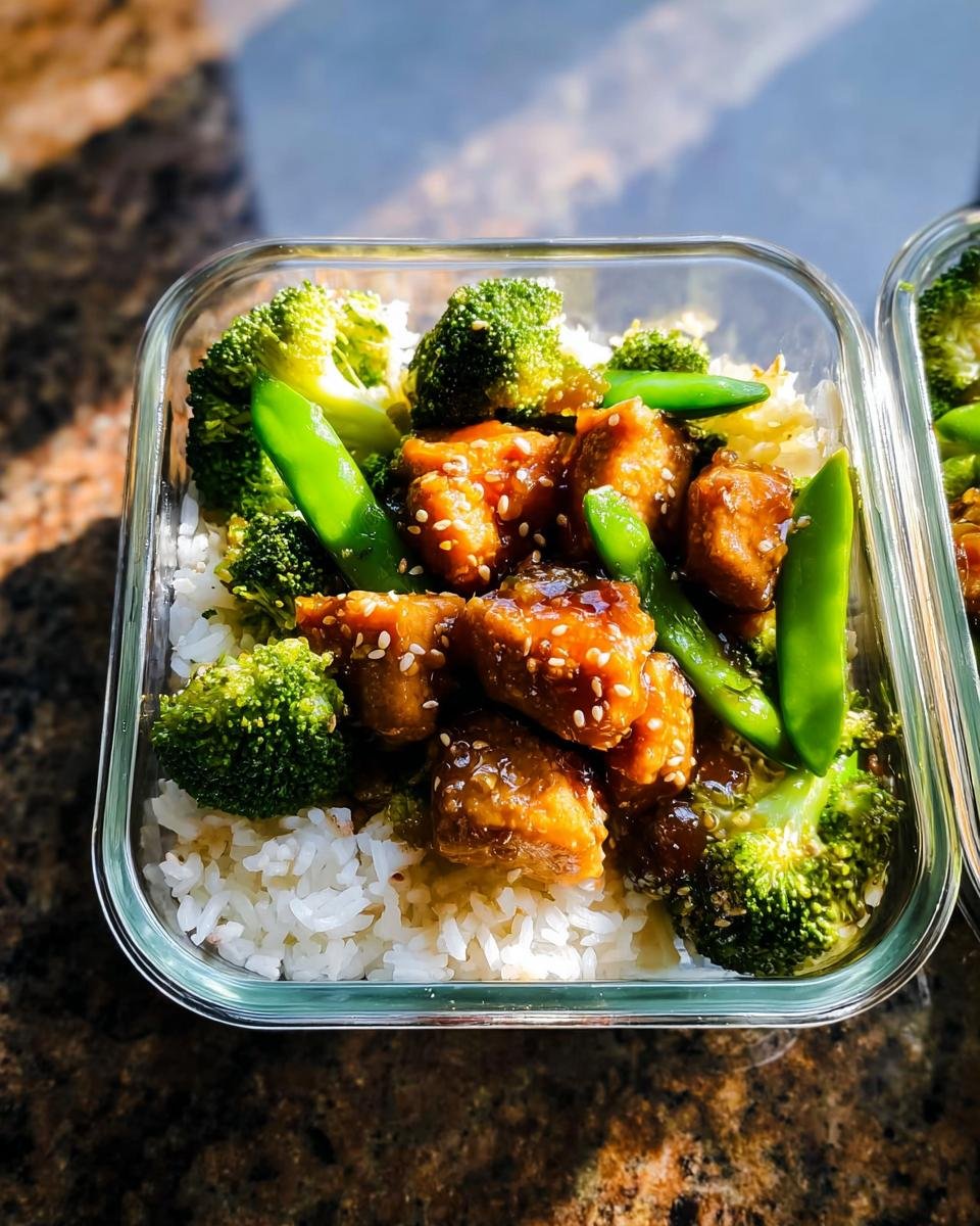 Close-up of a glass container with a Make-Ahead Healthy Lunch Idea: sesame chicken, white rice, broccoli, and snap peas.