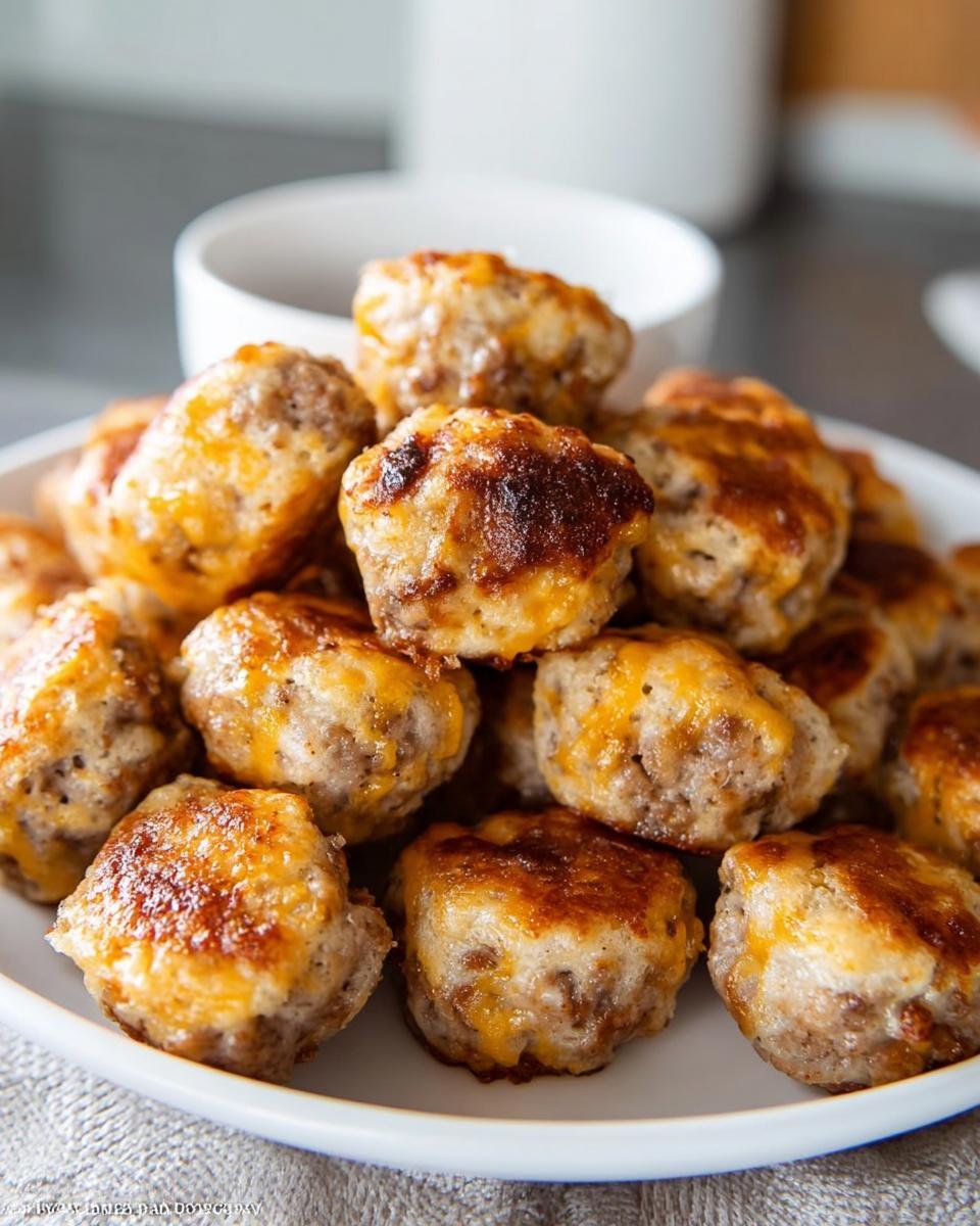A pile of homemade, cheesy McGriddle Bites on a white plate, featuring browned, melted cheese topping.
