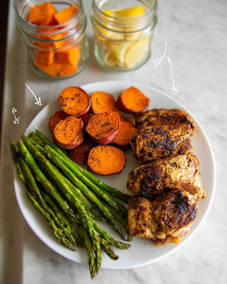 Plate with grilled chicken, roasted sweet potatoes, and asparagus for a 5-Day Clean Eating Meal Plan.