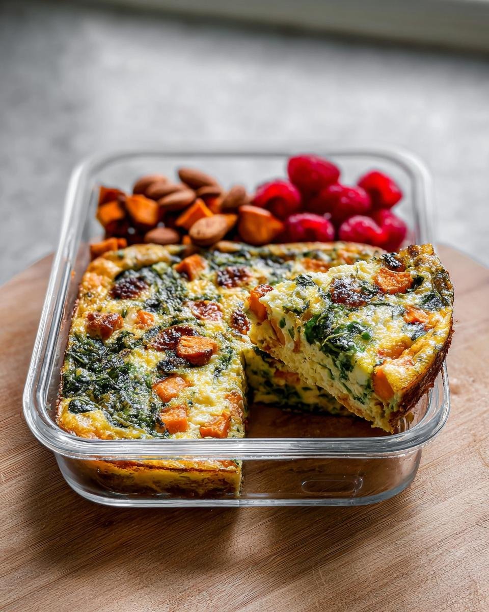 A slice of vegetable frittata with spinach and sweet potato, packed as part of Balanced Meals for a Healthy Lifestyle.