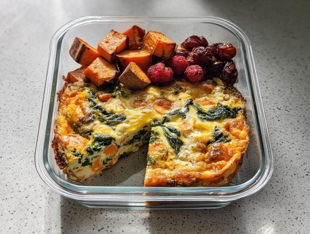 A portion of spinach and sweet potato frittata packed as a Balanced Meals for a Healthy Lifestyle prep container.