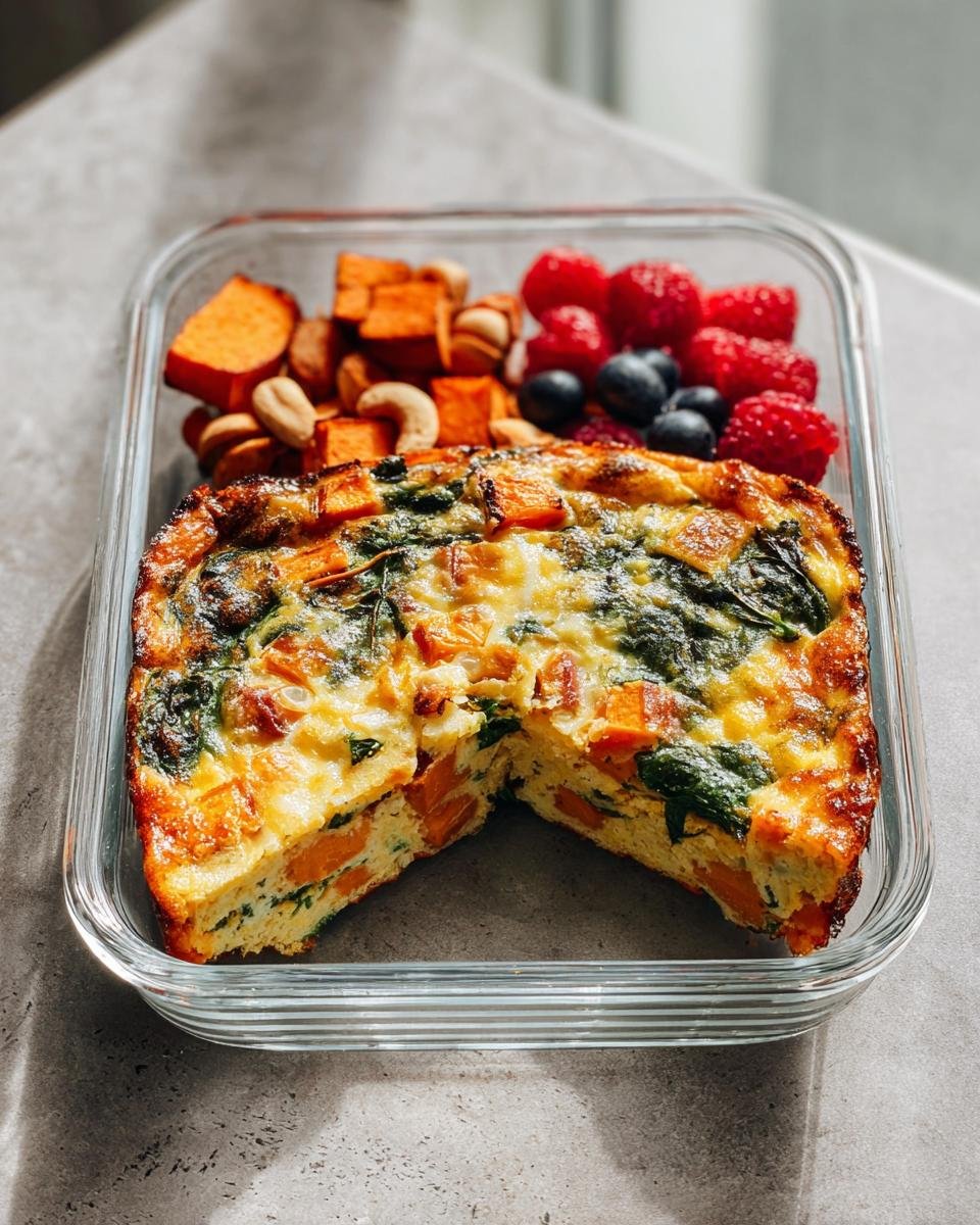 A glass container holding a slice of sweet potato and spinach frittata, served with berries and nuts for balanced meals.