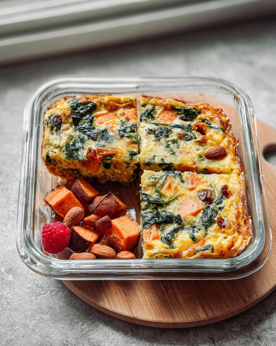 A glass container holding a baked egg dish (frittata) with spinach and sweet potato, served with roasted sweet potato cubes, almonds, and a raspberry for Balanced Meals for a Healthy Lifestyle.