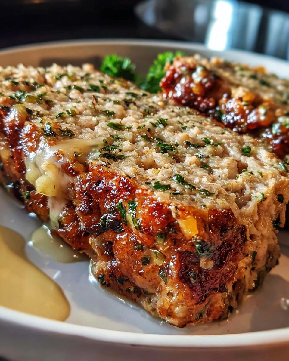 Close-up of a slice of savory meatloaf topped with breadcrumbs and herbs, part of the Healthy Meals You Can Prep in Under 1 Hour.