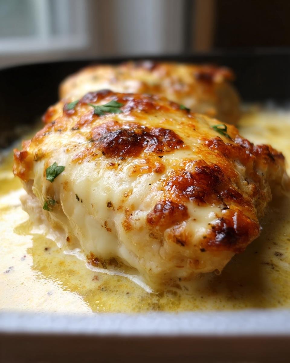 Close-up of cheesy, baked Melt in Your Mouth Chicken breasts swimming in a creamy sauce.