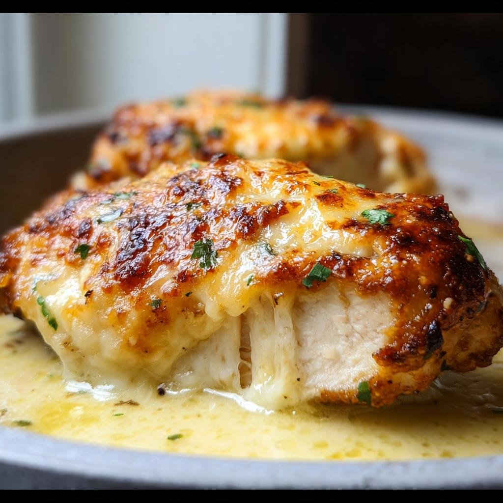 Close-up of a juicy piece of Melt in Your Mouth Chicken covered in browned, melted cheese and herbs.