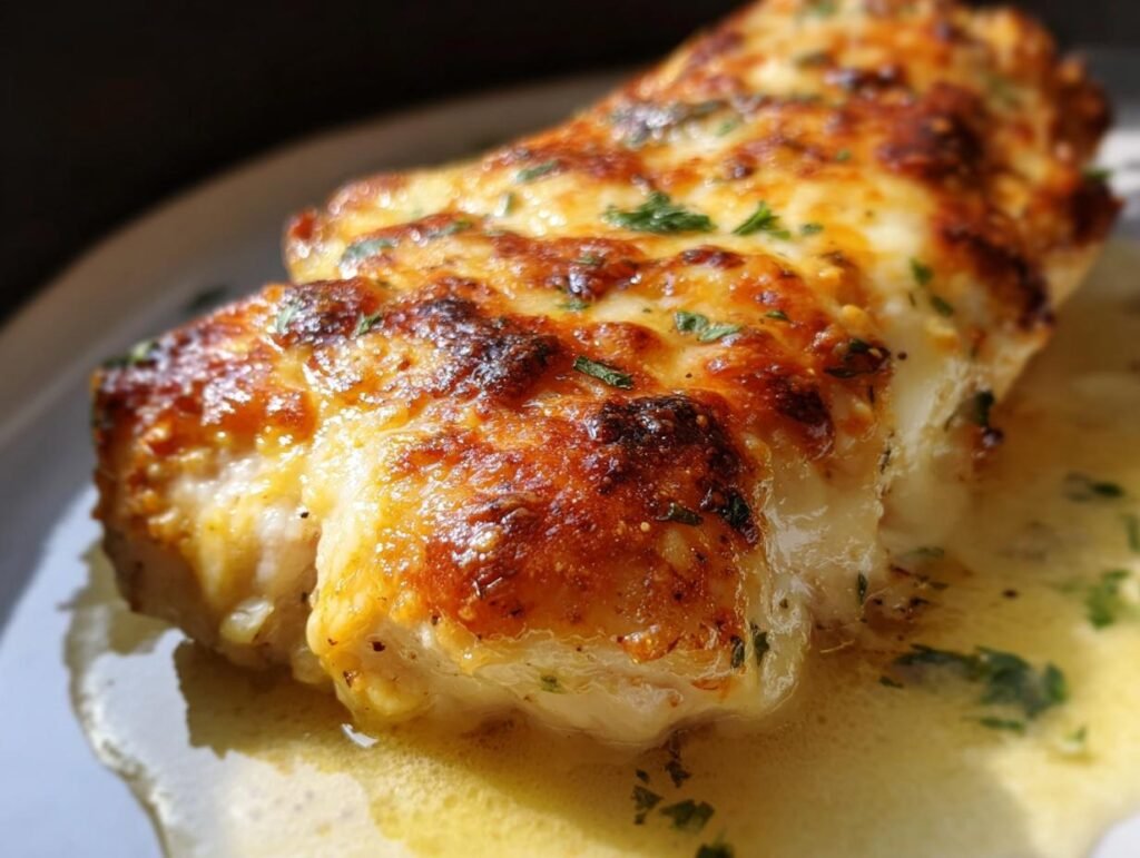 Close-up of a juicy piece of Melt in Your Mouth Chicken covered in golden, bubbly cheese and sauce.