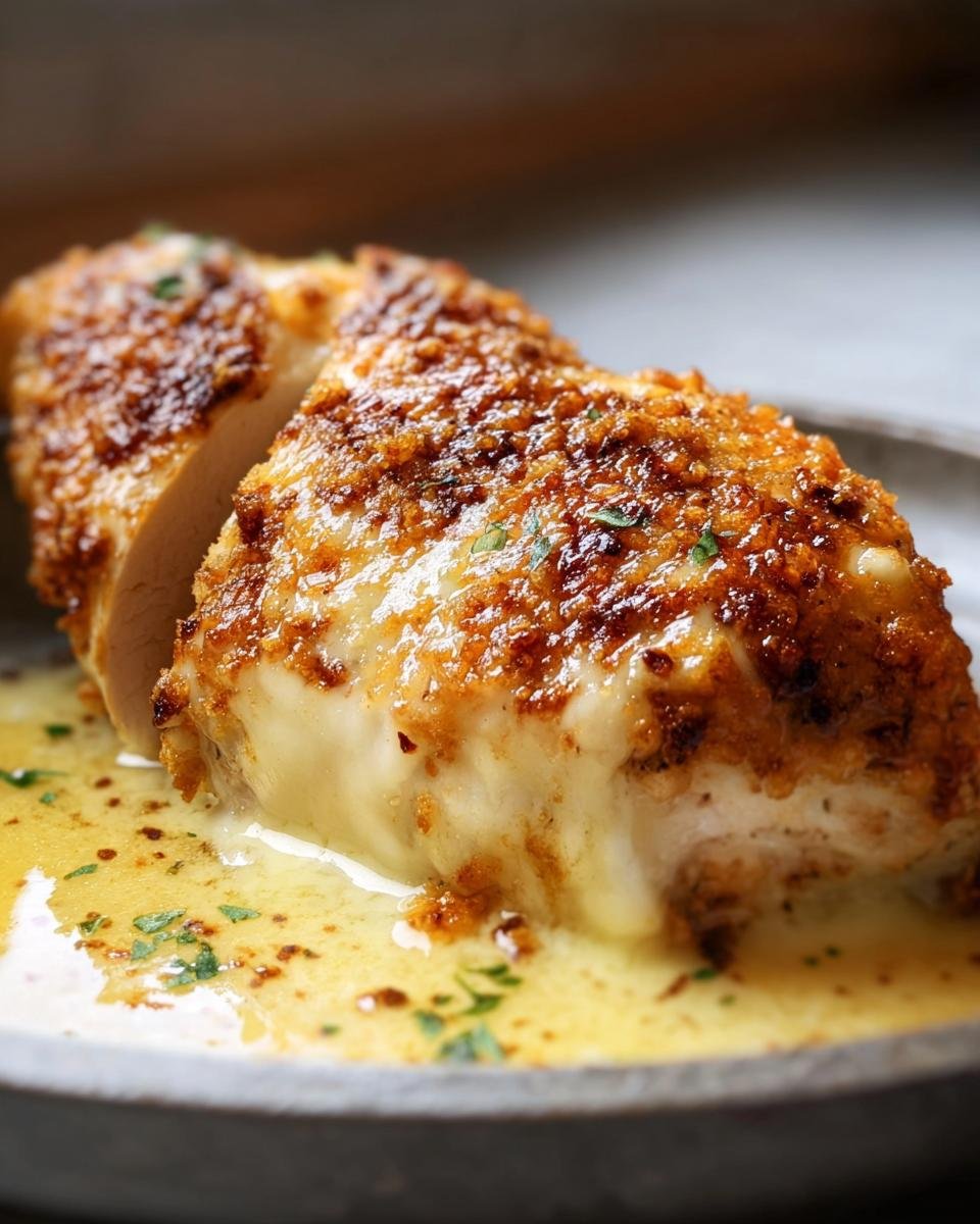 Close-up of a sliced Melt in Your Mouth Chicken breast with a golden, crispy crust sitting in buttery sauce.