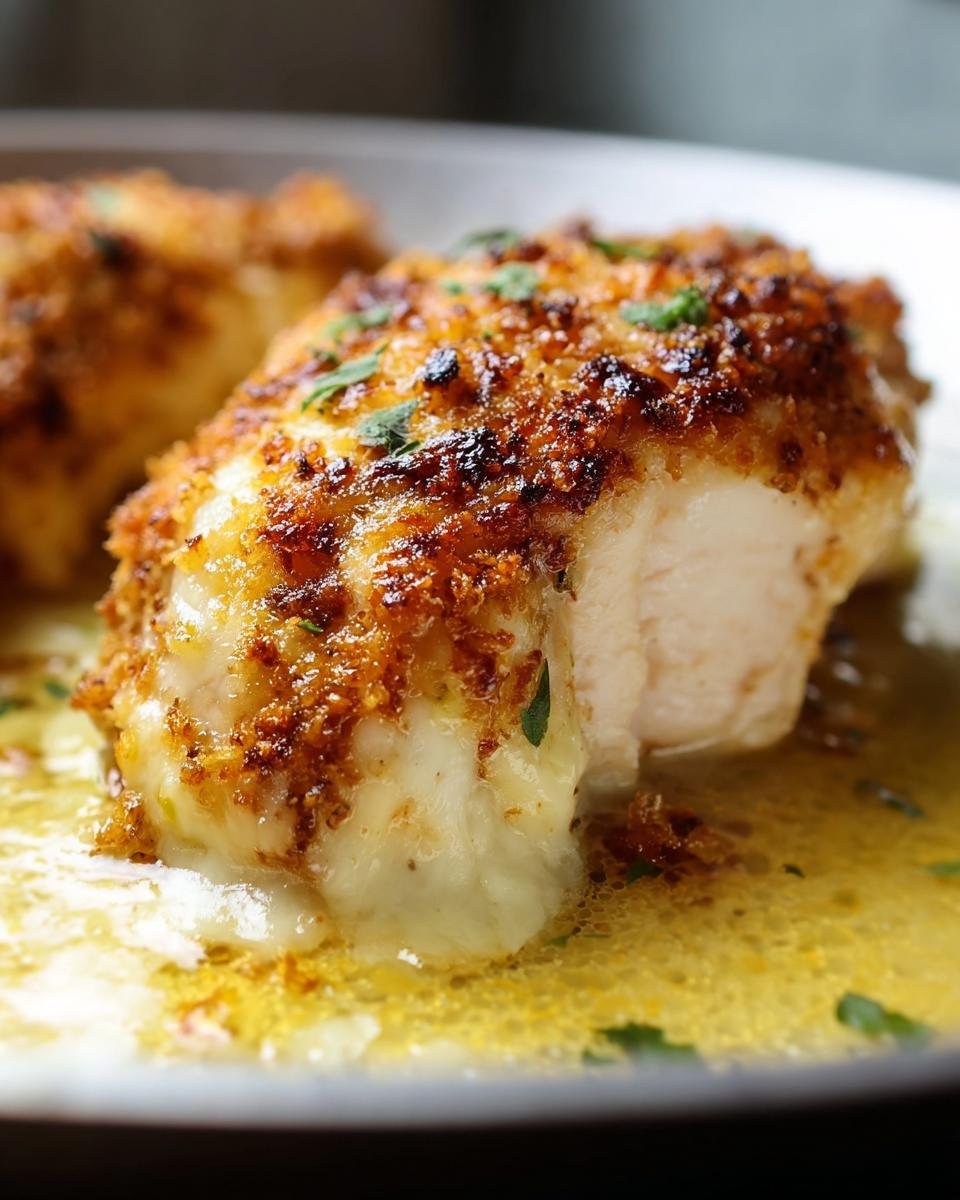 Close-up of a juicy piece of Melt in Your Mouth Chicken with a golden, crispy topping and melted cheese oozing out.