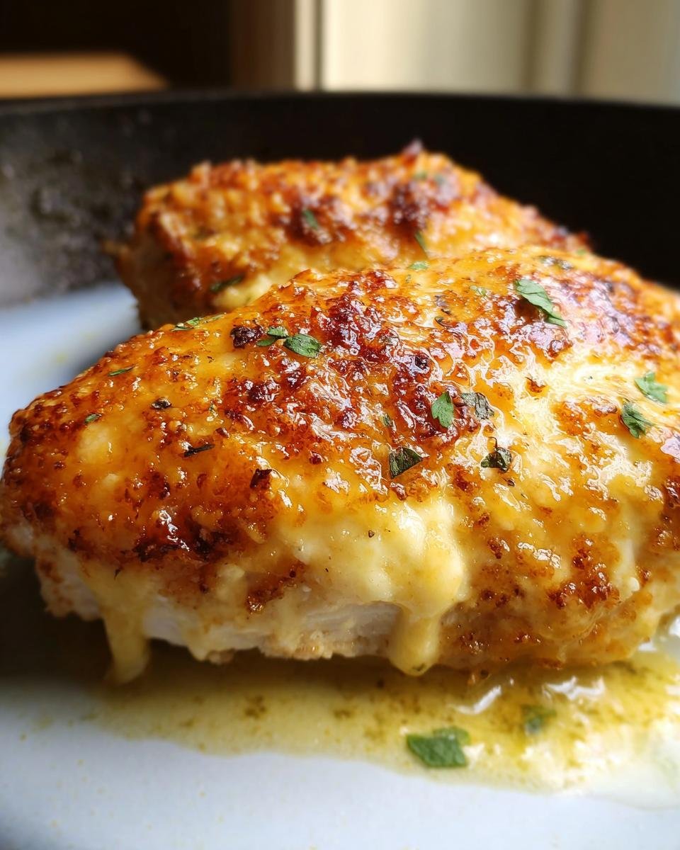 Close-up of two juicy Melt in Your Mouth Chicken breasts with a golden, cheesy crust dripping sauce.