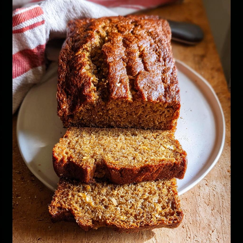 A golden brown, moist banana bread recipe loaf, partially sliced on a white plate.