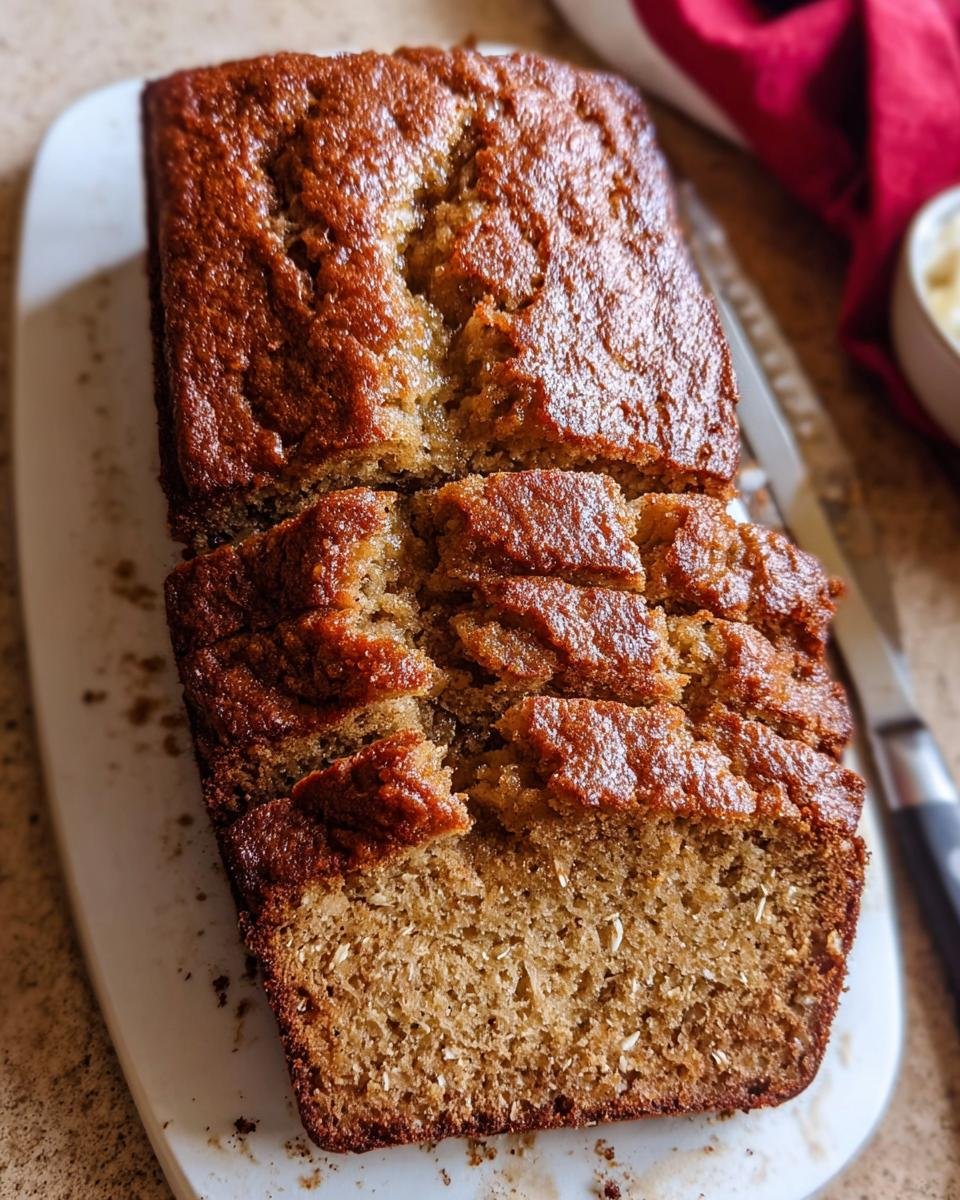 Close-up of a moist banana bread recipe loaf, sliced on a white cutting board, showing a rich brown crust.