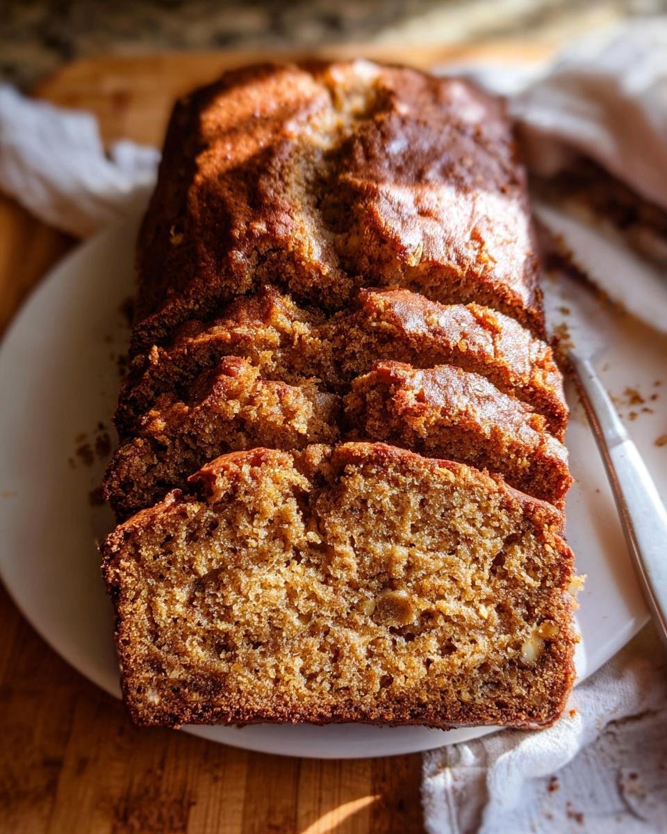 A freshly baked, moist banana bread recipe loaf, partially sliced on a white plate, showing its rich texture.