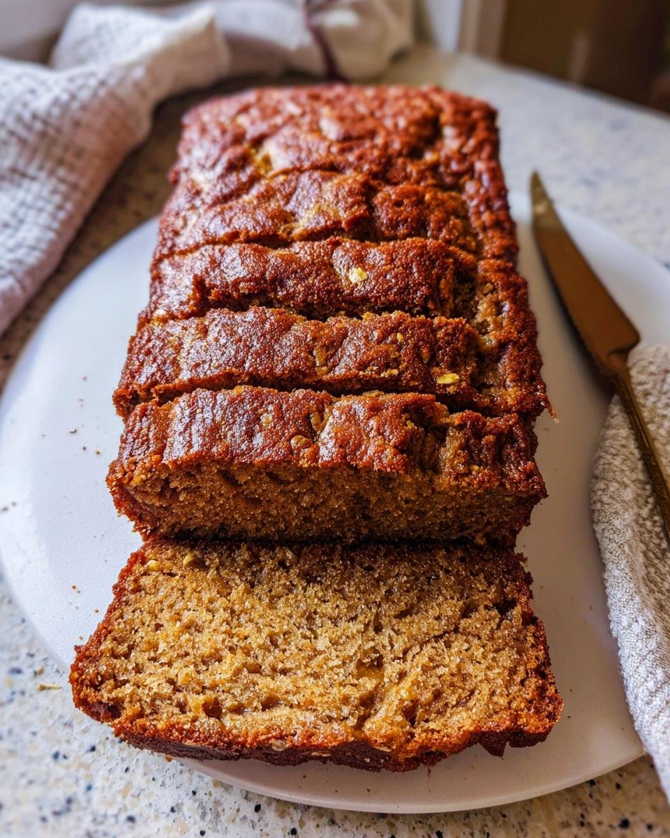 A loaf of moist banana bread recipe, sliced, showing its rich brown color and tender crumb.