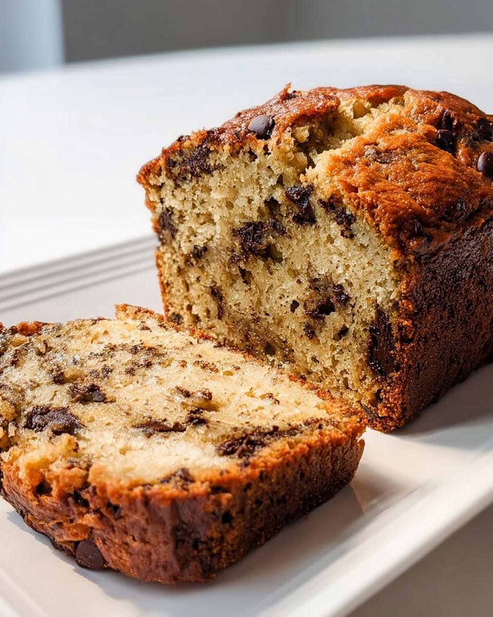 Close-up of a moist chocolate chip banana bread recipe loaf, sliced to show the soft interior texture.