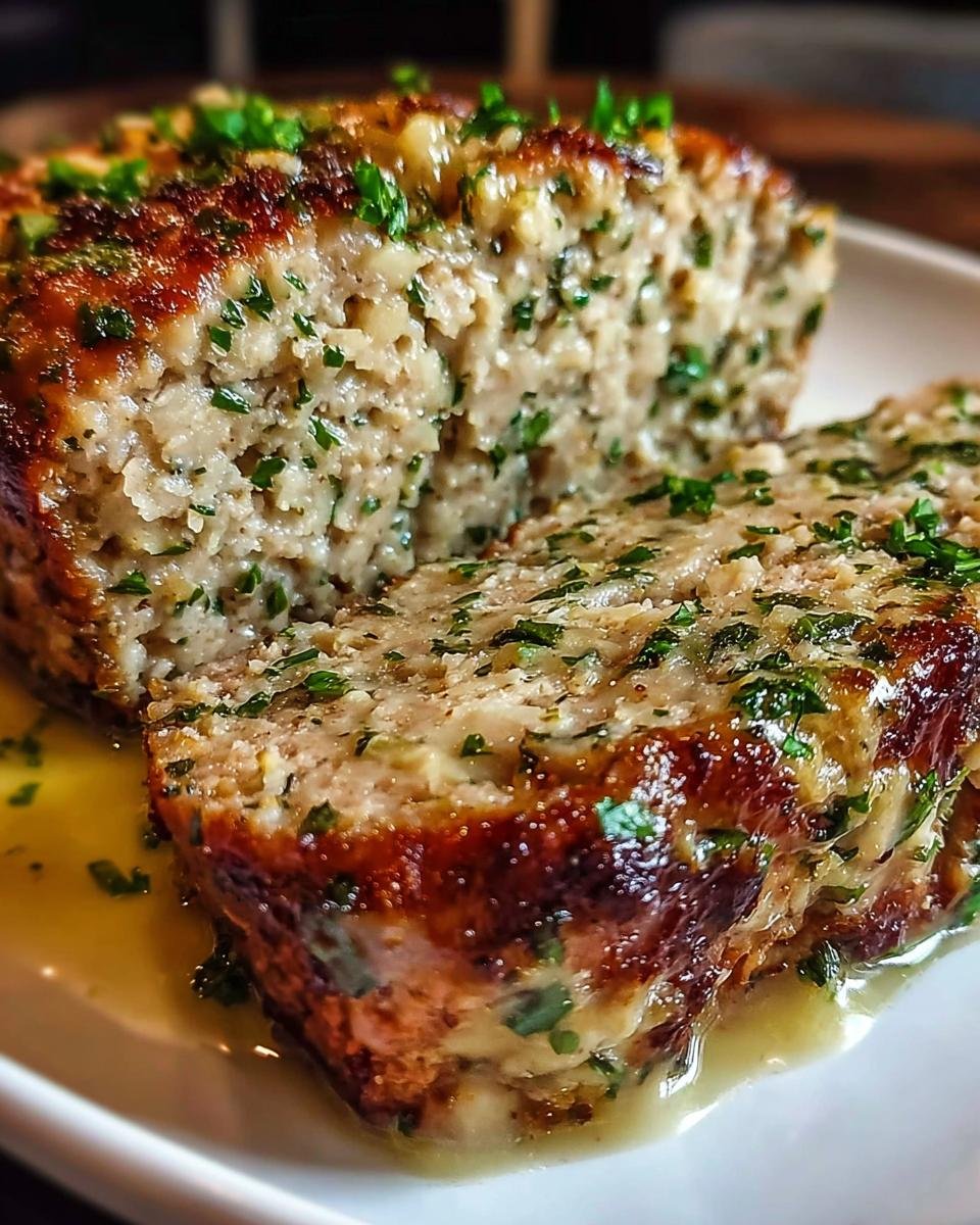 Close-up of a moist, herbed meatloaf slice with a browned crust, perfect for Healthy Meals You Can Prep in Under 1 Hour.