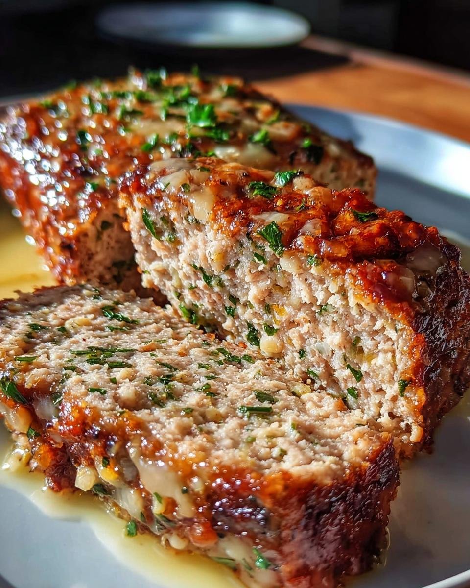 Close-up of a moist, sliced meatloaf topped with glaze and parsley, perfect for Healthy Meals You Can Prep in Under 1 Hour.