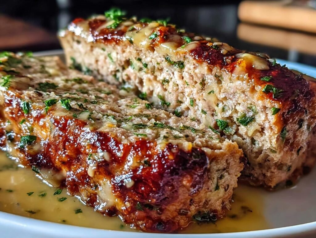 Close-up of two slices of glazed meatloaf topped with herbs, perfect for Healthy Meals You Can Prep Under 1 Hour.