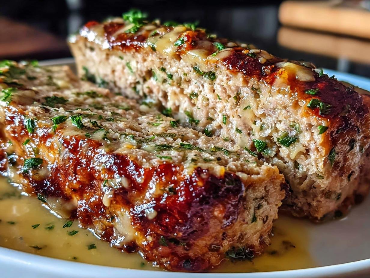 Close-up of two slices of glazed meatloaf topped with herbs, perfect for Healthy Meals You Can Prep Under 1 Hour.