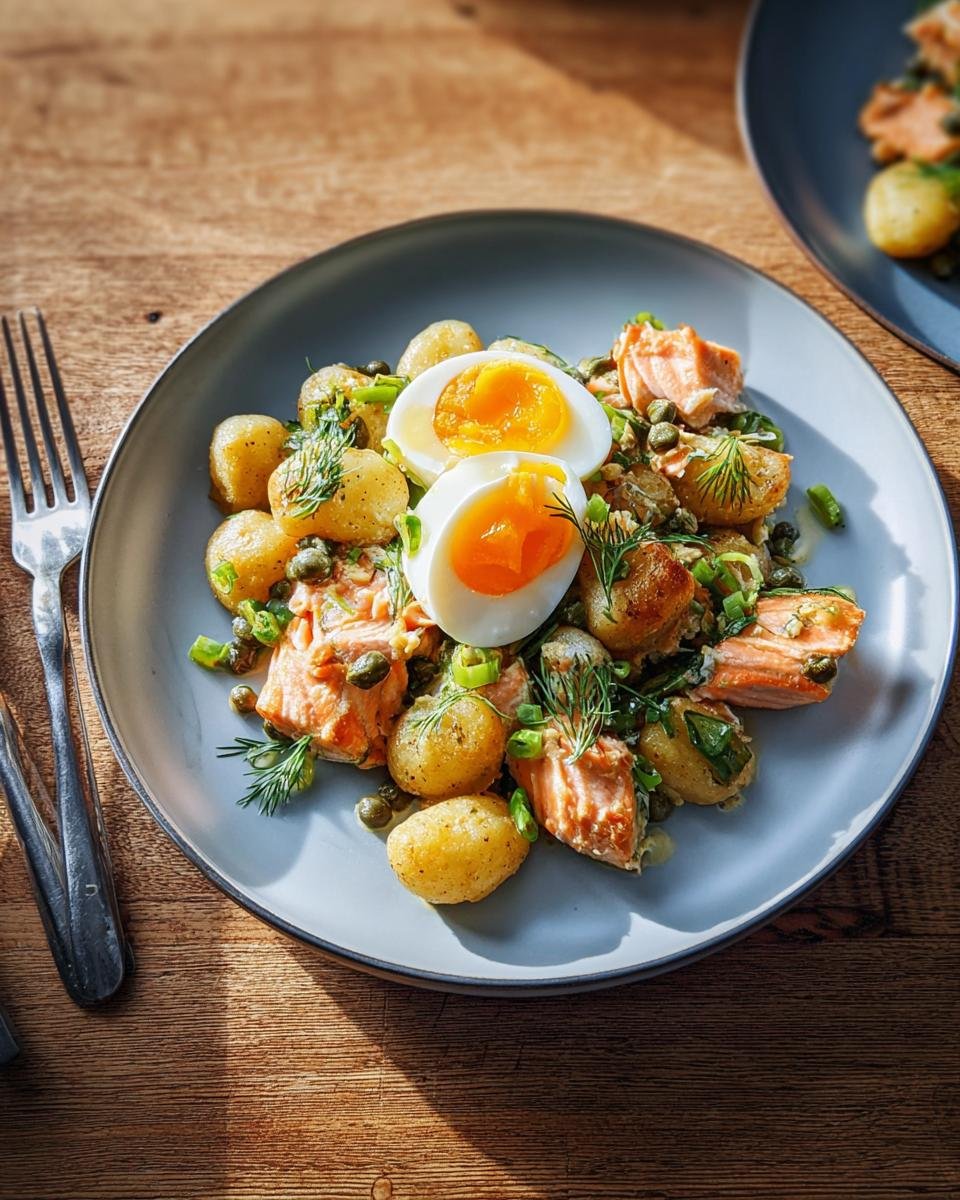 A plate featuring a nutritious homemade meal: salmon, new potatoes, capers, and a soft-boiled egg.