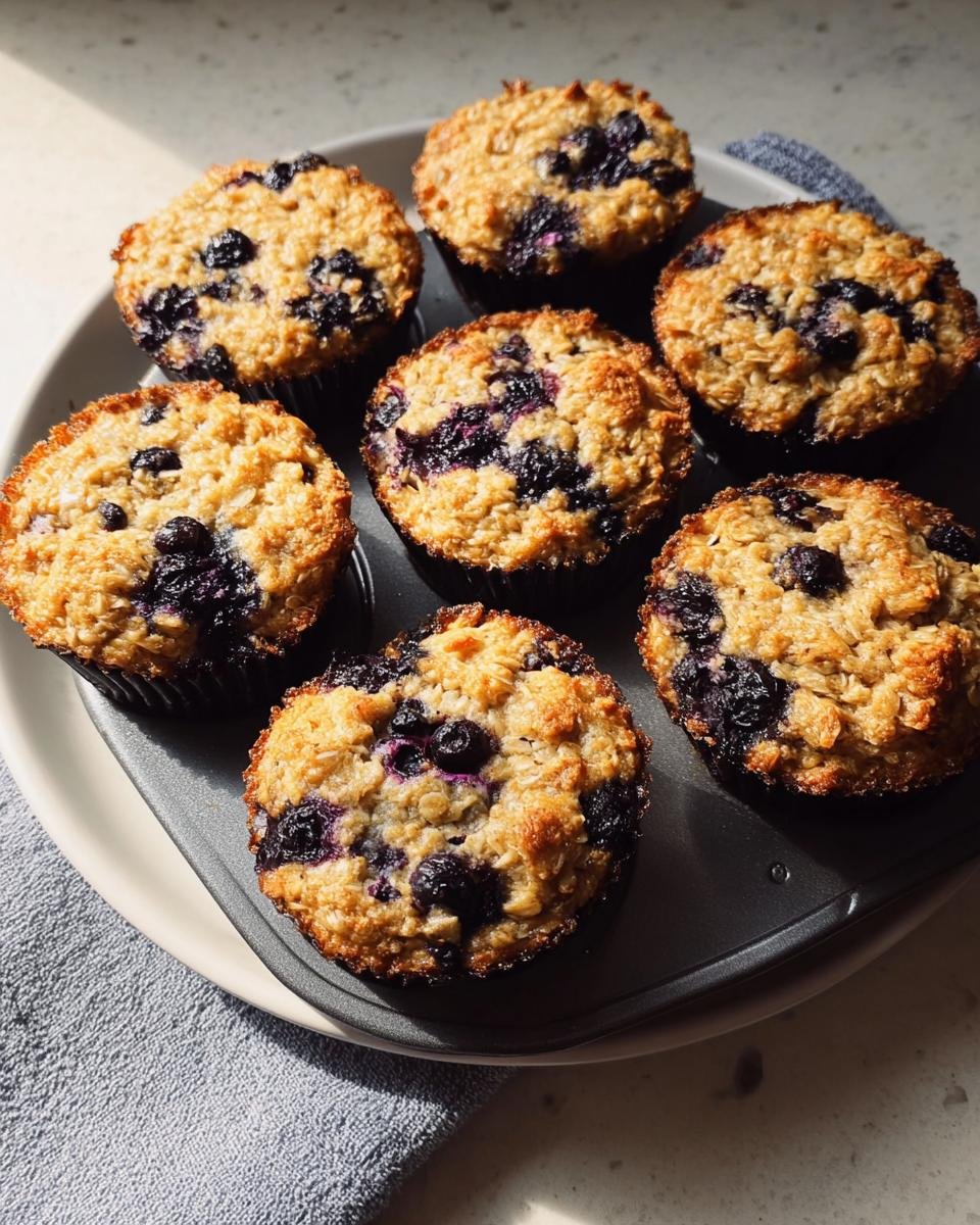 Seven freshly baked oatmeal blueberry muffins cooling in a muffin tin, perfect for Clean Eating Meal Prep Made Simple.