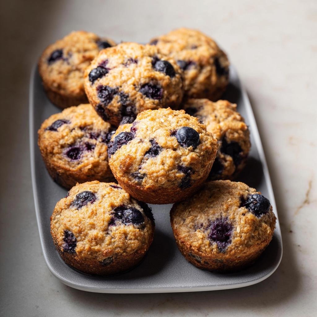 A stack of freshly baked oatmeal blueberry muffins arranged on a gray platter, perfect for Clean Eating Meal Prep Made Simple.