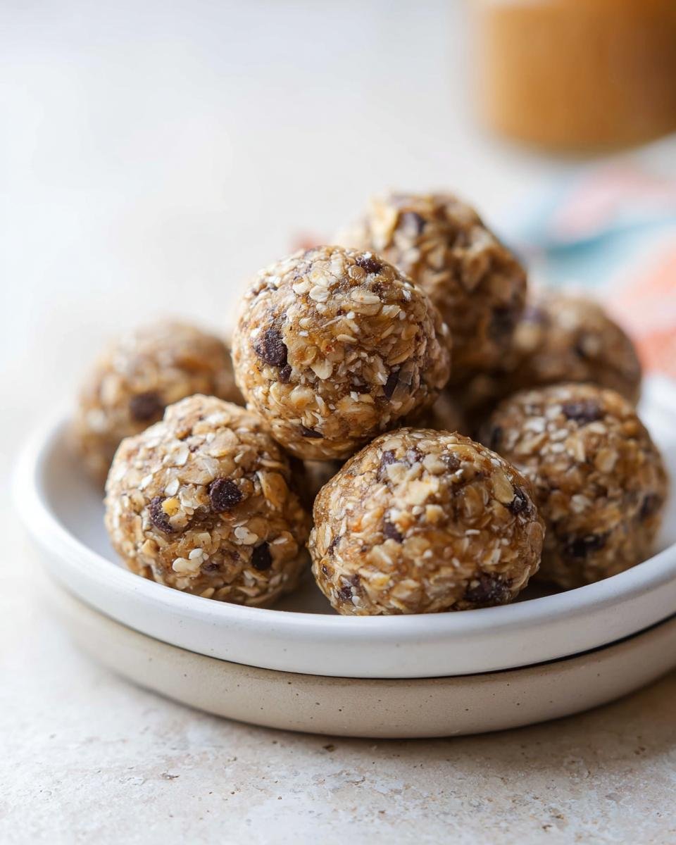 A stack of homemade oatmeal energy bites with chocolate chips, perfect for Low-Calorie Snacks for January.