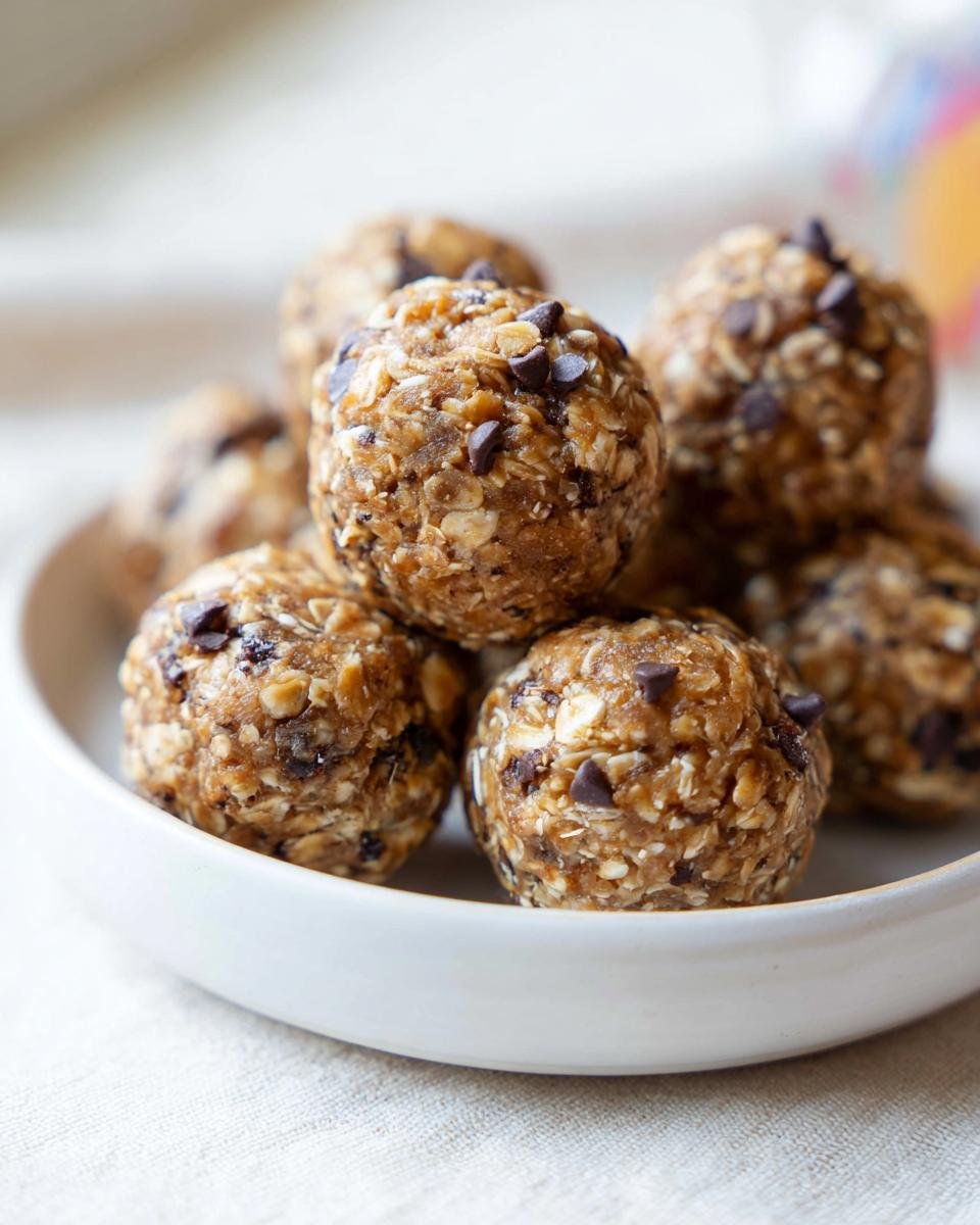 Close-up of oatmeal energy bites with mini chocolate chips, perfect for Low-Calorie Snacks for January.