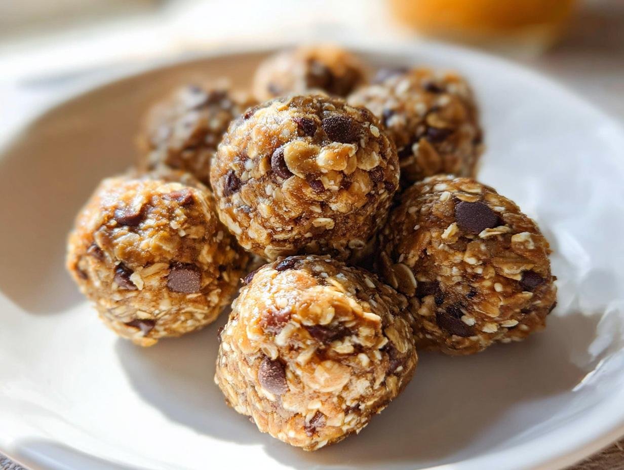 Close-up of several oatmeal energy bites studded with chocolate chips, perfect for low-calorie snacks.