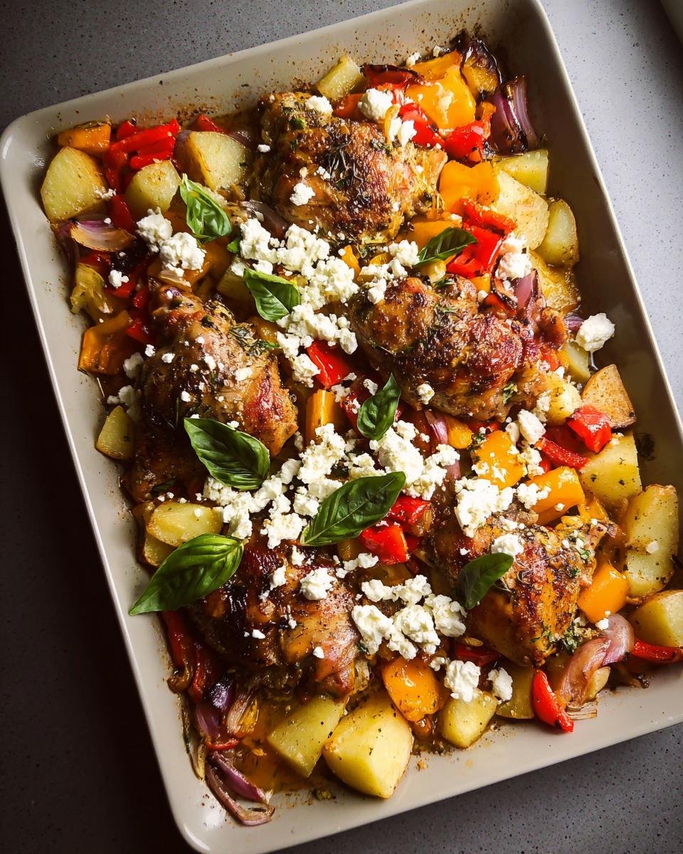 A one-pan dish featuring roasted chicken thighs over potatoes, peppers, and onions, topped with feta cheese for a Quick Healthy Dinner Recipe.