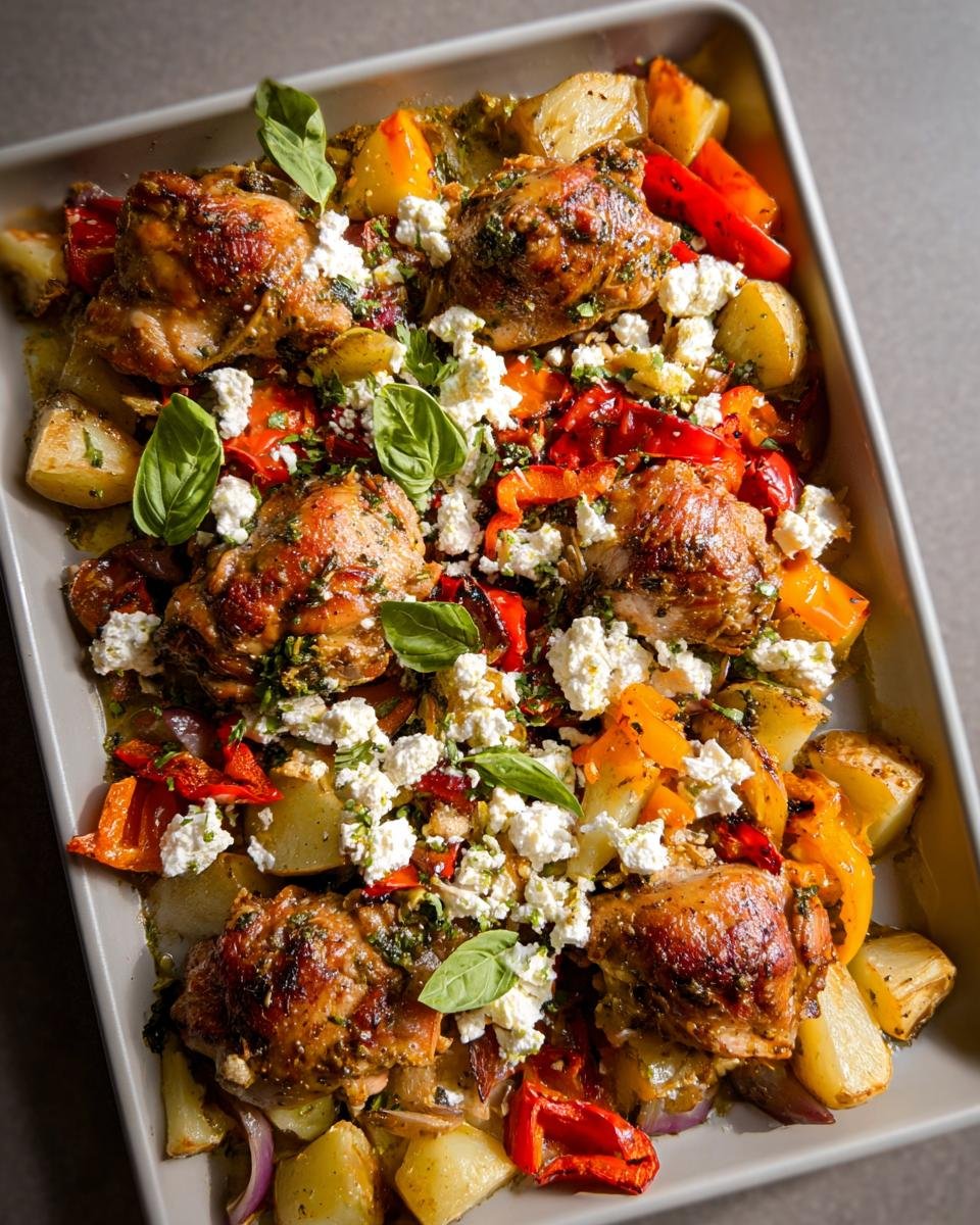 Overhead view of a one-pan meal featuring roasted chicken thighs, potatoes, peppers, topped with feta and basil, perfect for Quick Healthy Dinner Recipes.