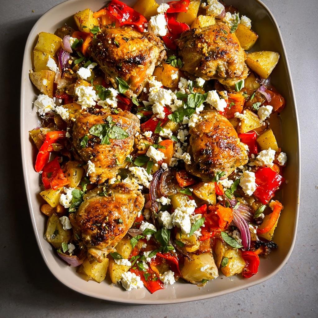 A vibrant one-pan dish featuring roasted chicken thighs over potatoes, peppers, and topped with feta cheese, perfect for Quick Healthy Dinner Recipes.