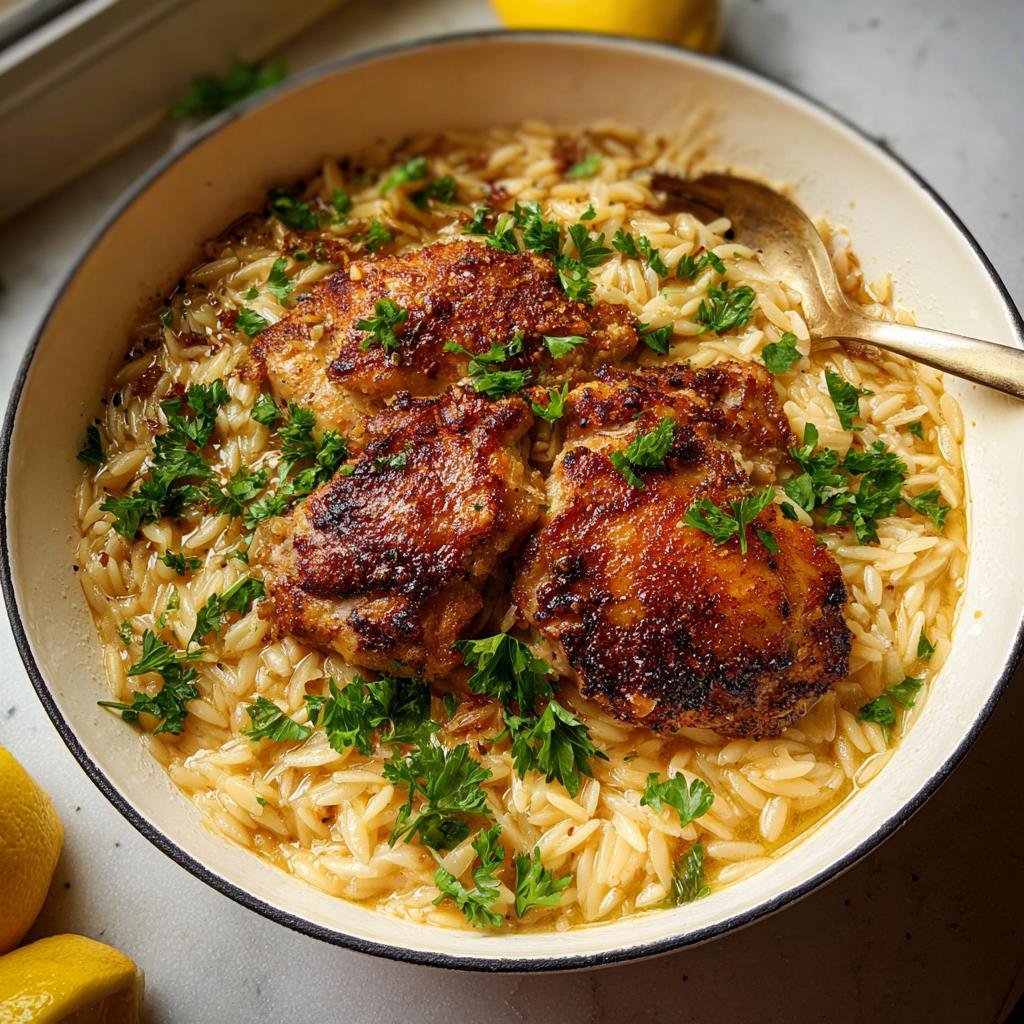 A bowl of crispy chicken thighs served over orzo pasta, part of a Healthy One-Pan Recipes for Simple Clean Eating.