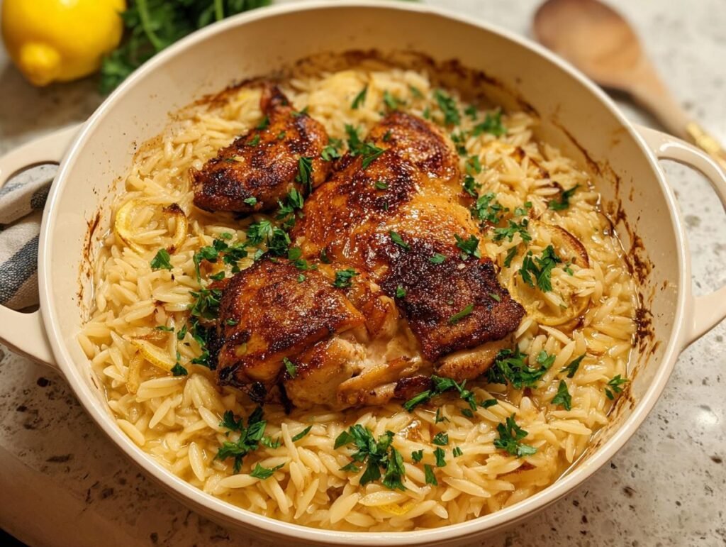 Crispy chicken thighs baked over orzo pasta in a one-pan dish, perfect for Healthy One-Pan Recipes for Simple Clean Eating.