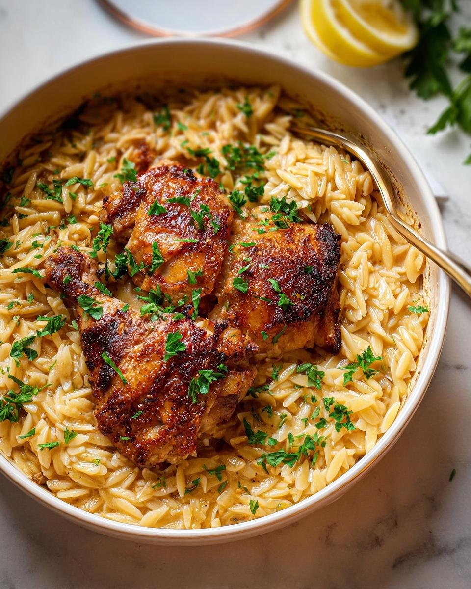 Close-up of crispy chicken thighs served over creamy orzo pasta, a perfect example of Healthy One-Pan Recipes for Simple Clean Eating.