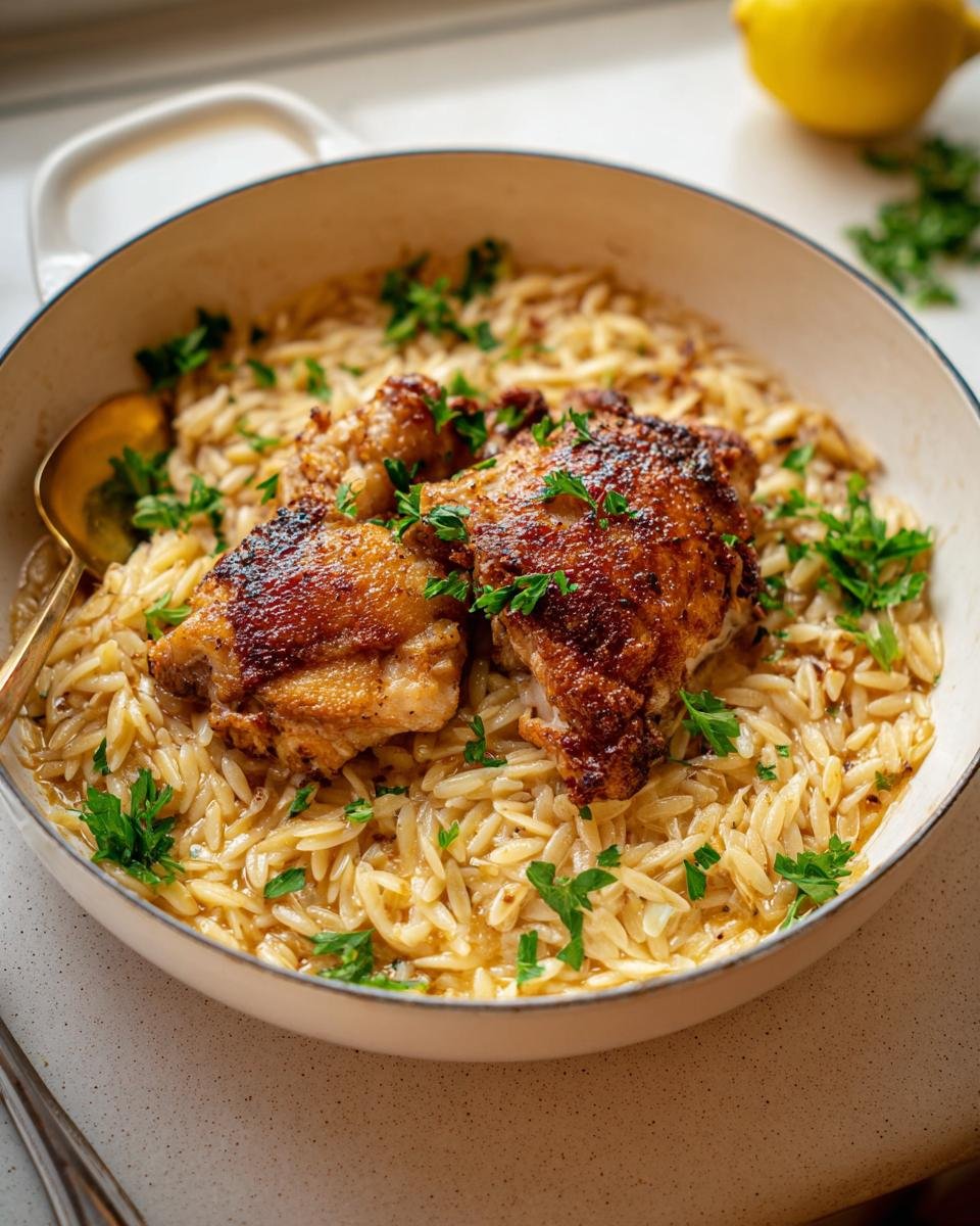Crispy chicken thighs served over creamy orzo pasta in a white skillet, perfect for healthy one-pan recipes.
