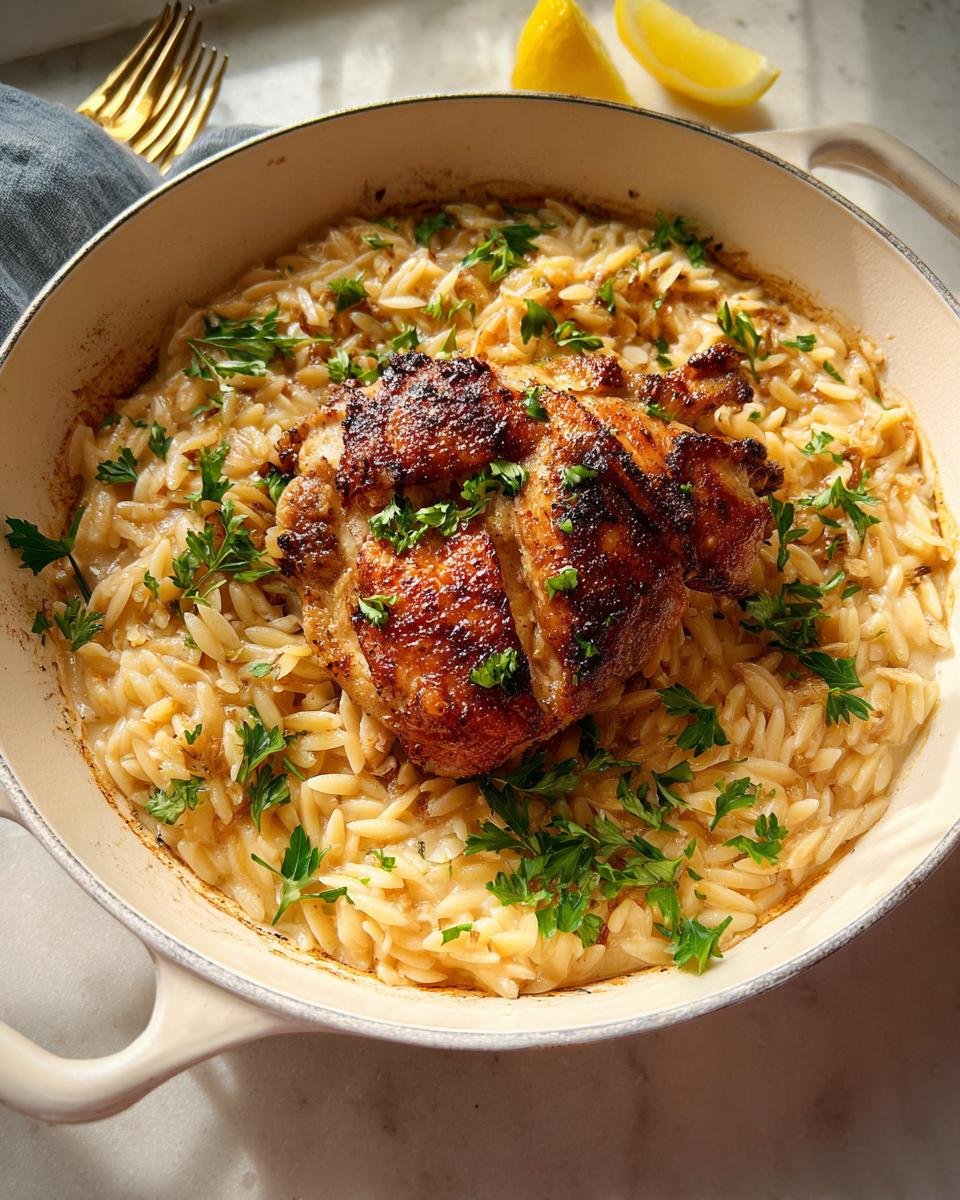 Crispy chicken thigh served over creamy orzo pasta in a single skillet, perfect for Healthy One-Pan Recipes for Simple Clean Eating.