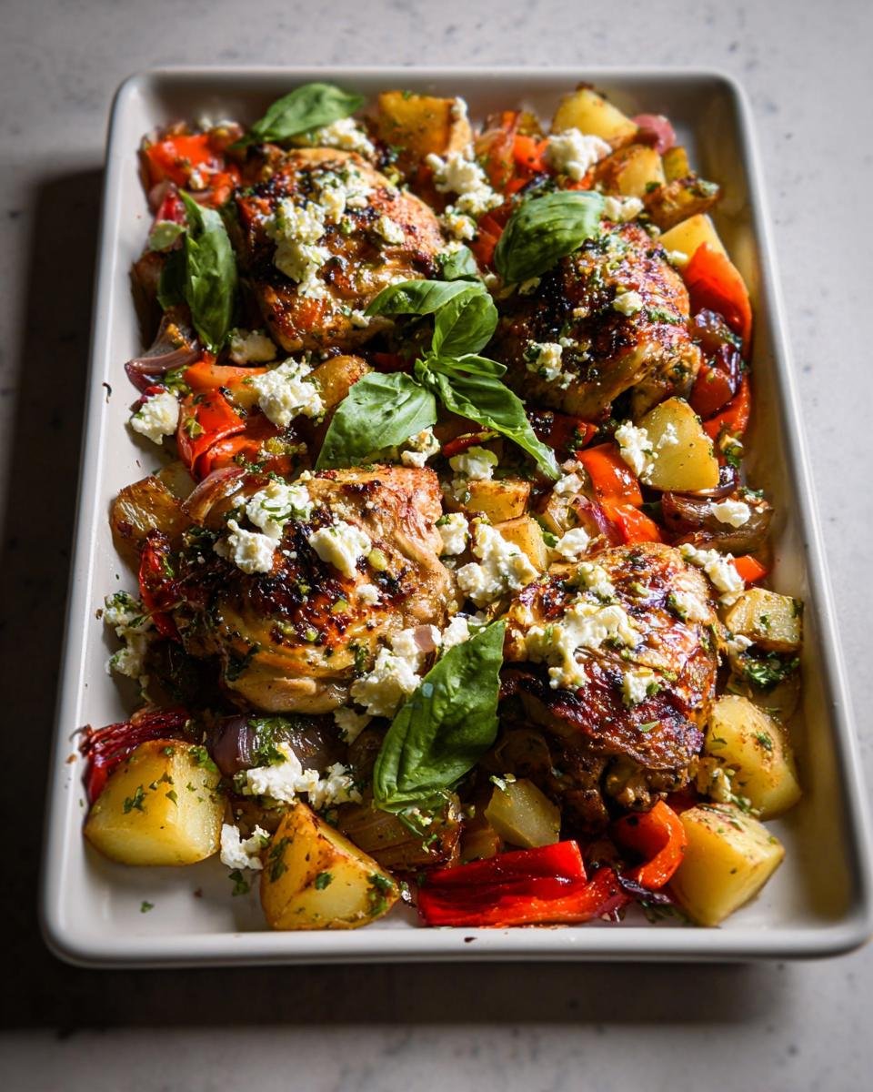 Roasted chicken thighs with potatoes, peppers, feta, and basil, perfect for Quick Healthy Dinner Recipes.