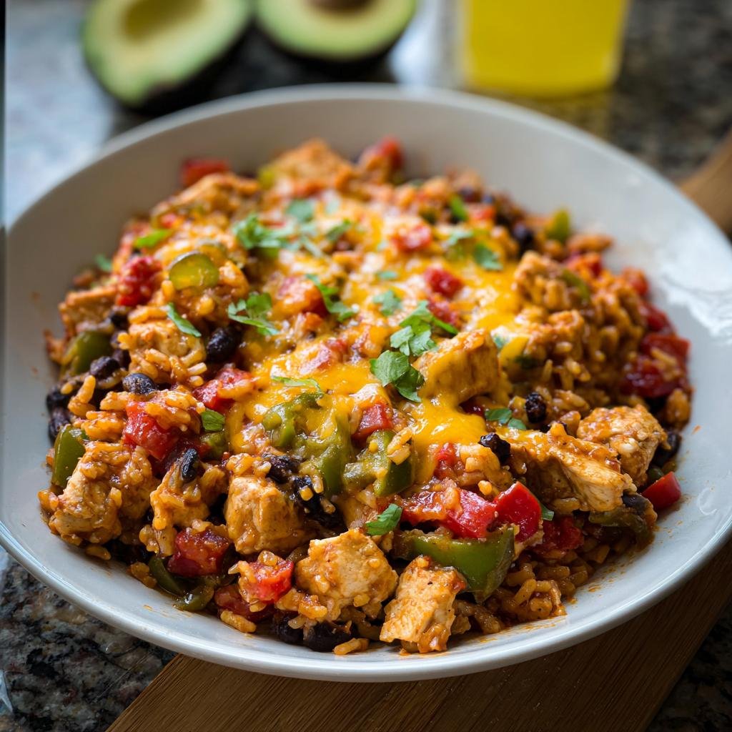 A bowl of one-pan chicken and rice with black beans, peppers, melted cheese, a perfect Healthy Chicken Dinner Recipes Everyone Loves.