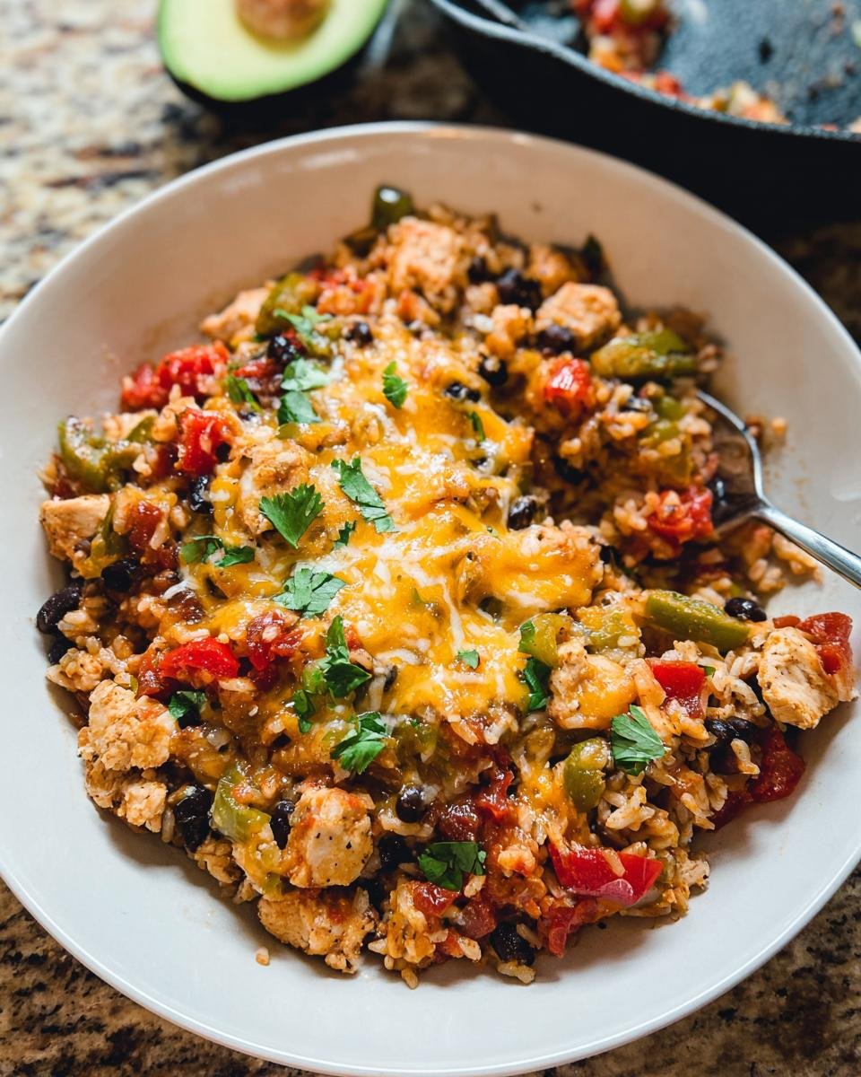 A bowl of one-pan chicken and rice mixed with black beans, peppers, tomatoes, and topped with melted cheese, a perfect Healthy Chicken Dinner Recipe.