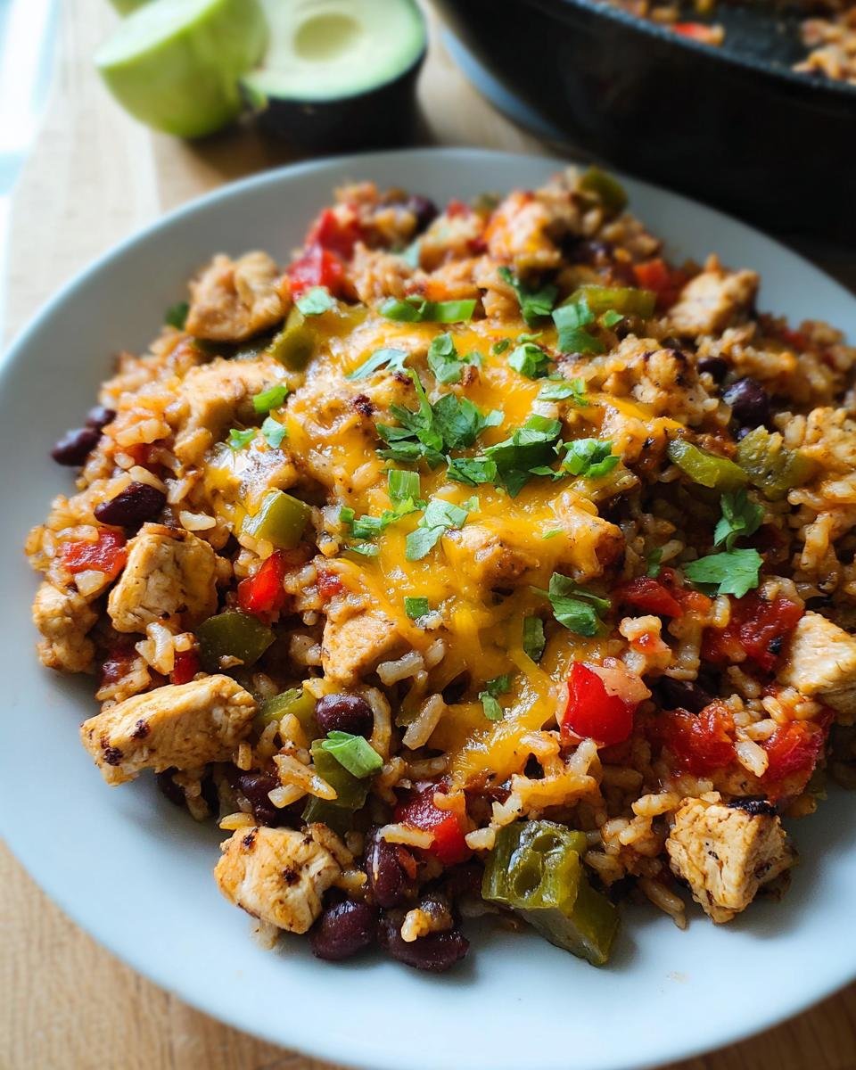 A plate of one-pan chicken and rice with black beans, peppers, and melted cheese, perfect for Healthy Chicken Dinner Recipes.