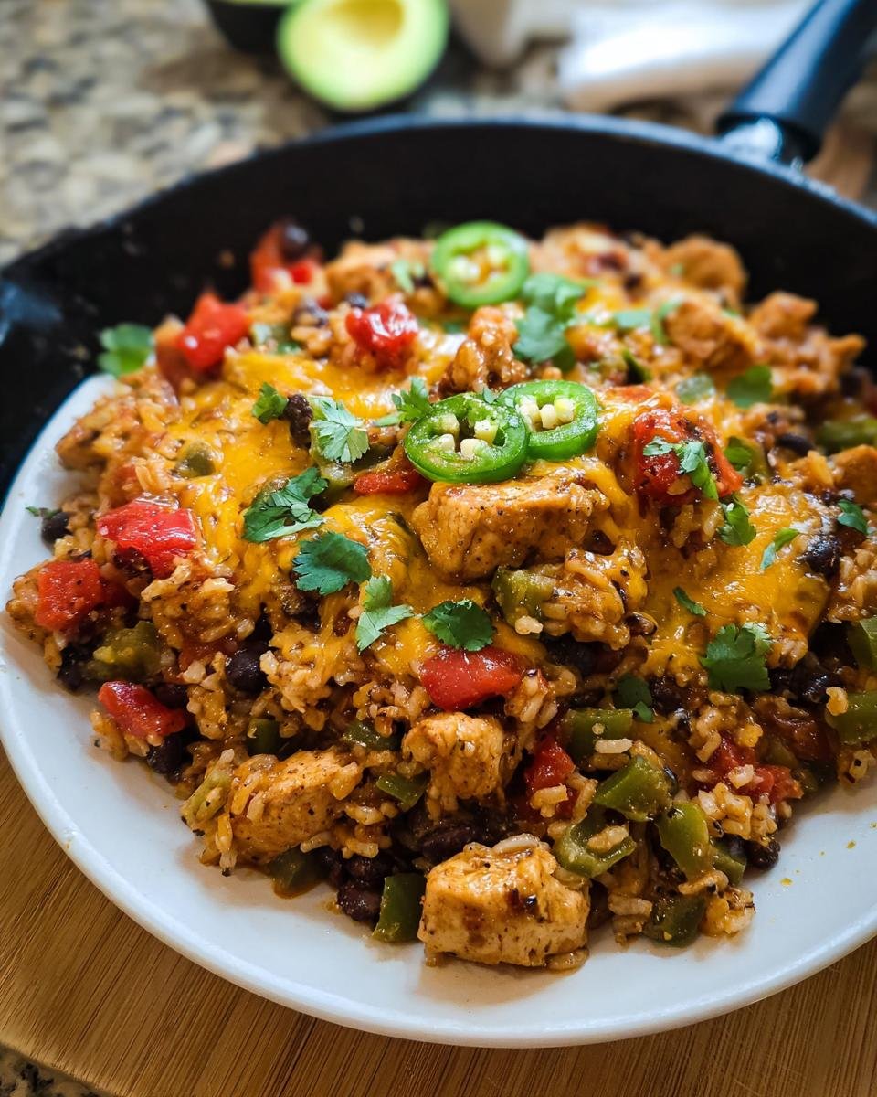 Close-up of a flavorful one-pan Healthy Chicken Dinner Recipes Everyone Loves, featuring seasoned chicken, rice, black beans, peppers, and melted cheese.