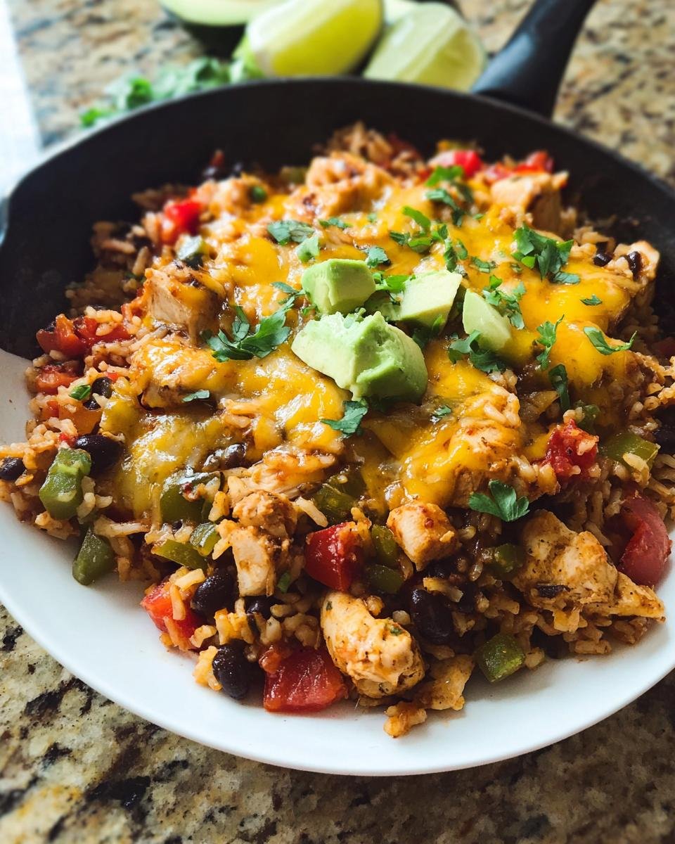 Close-up of a one-pan healthy chicken dinner recipe featuring seasoned chicken, rice, black beans, and melted cheese.