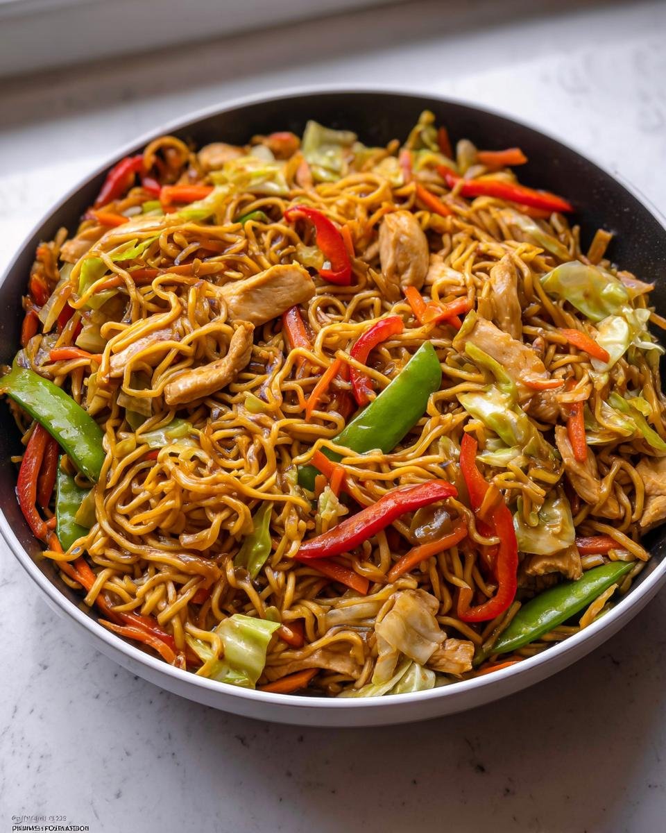 Close-up of chicken lo mein noodles with colorful vegetables in a large pan, perfect for One-Pan Healthy Dinner Ideas.