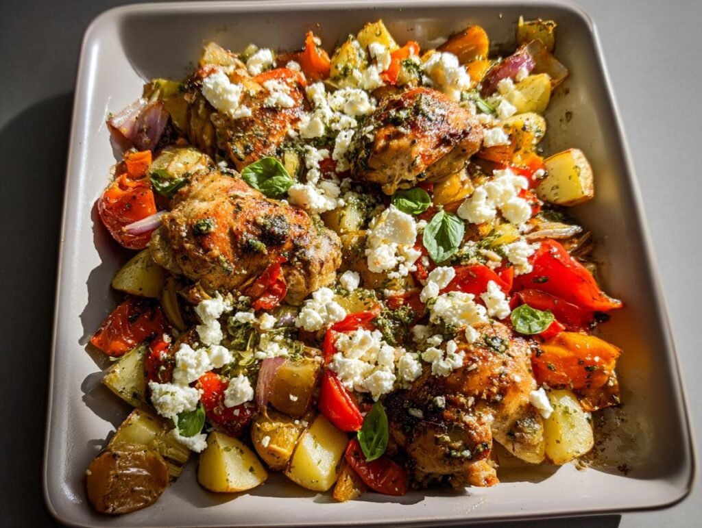 A colorful one-pan meal featuring roasted chicken thighs, potatoes, red peppers, and crumbled feta cheese, perfect for Quick Healthy Dinner Recipes.