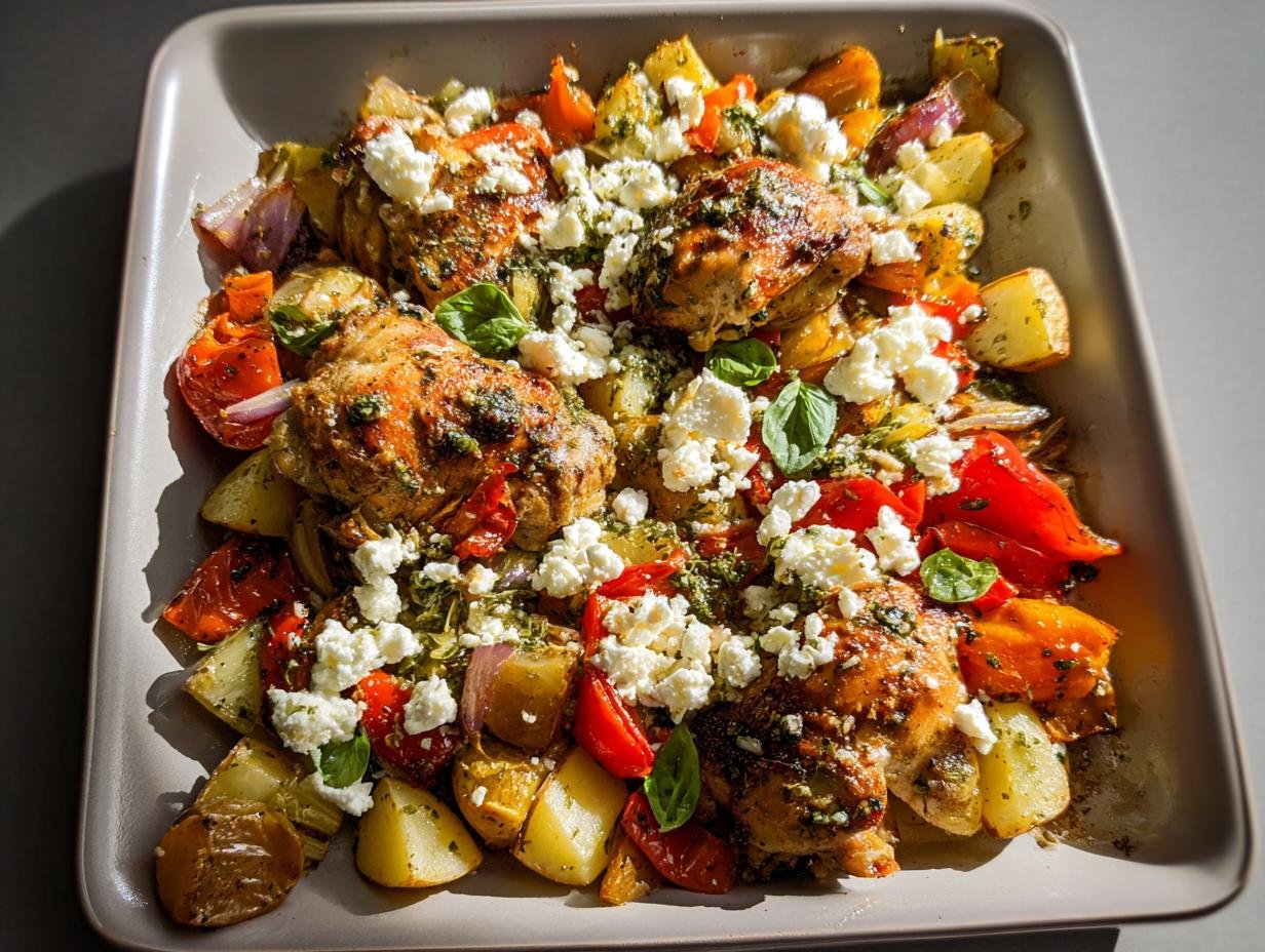 A colorful one-pan meal featuring roasted chicken thighs, potatoes, red peppers, and crumbled feta cheese, perfect for Quick Healthy Dinner Recipes.
