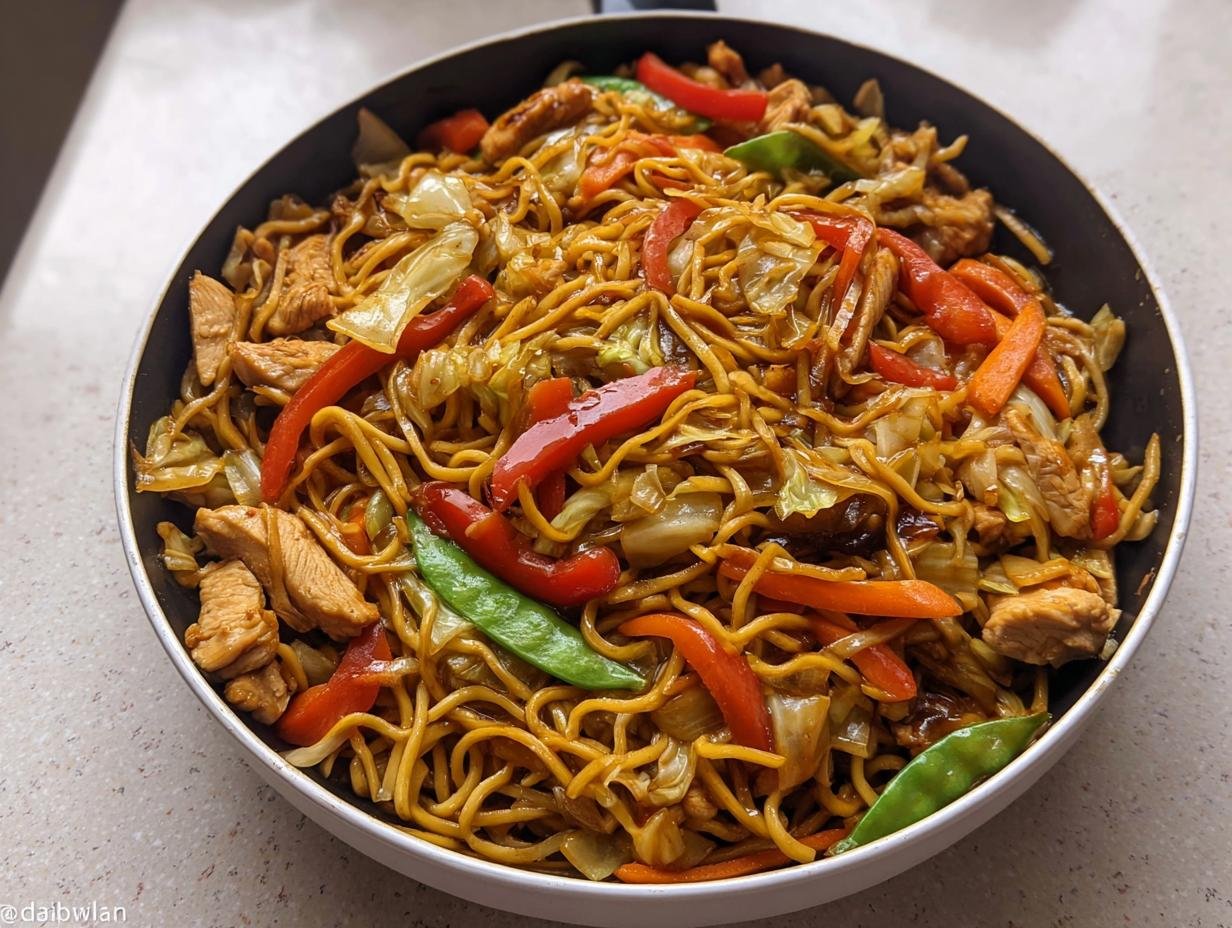 A skillet filled with chicken lo mein noodles, chicken pieces, peppers, and cabbage, perfect for One-Pan Healthy Dinner Ideas.