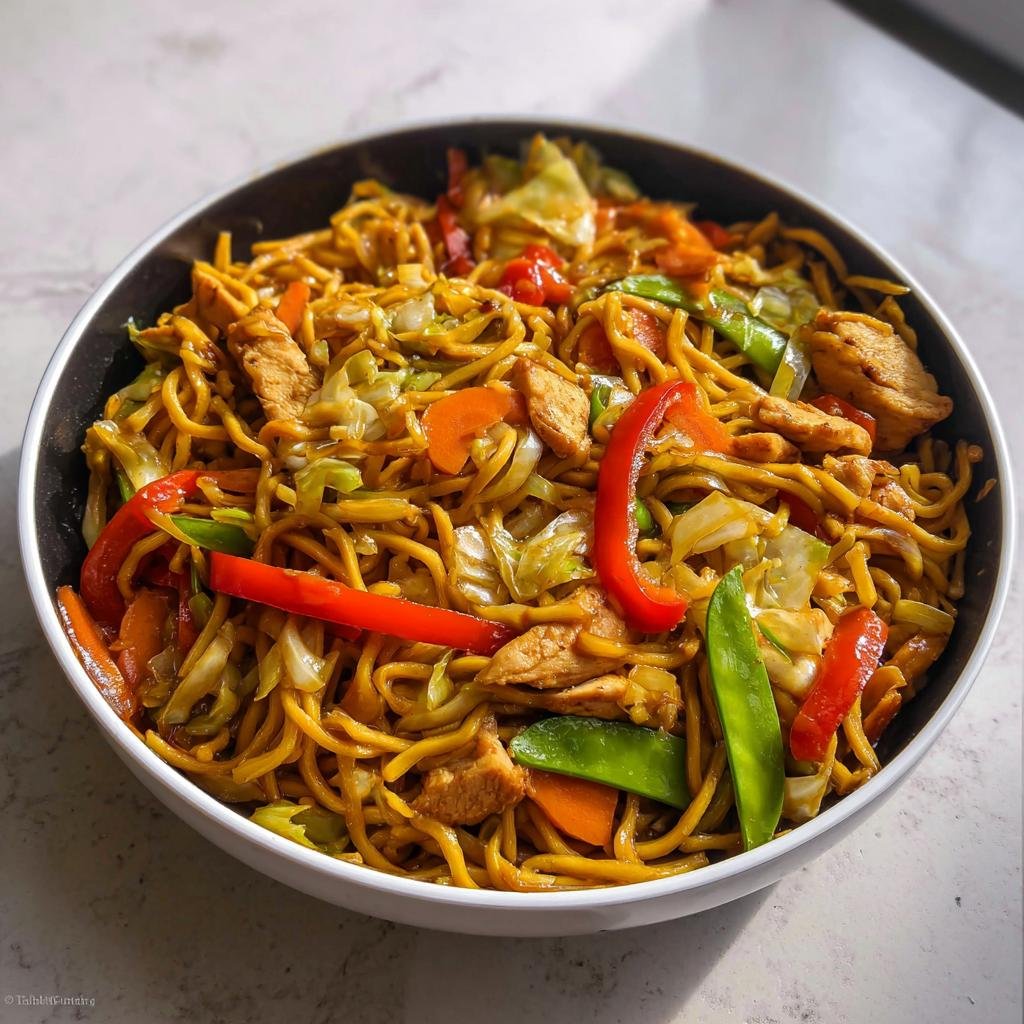 A bowl of stir-fried noodles with chicken, red peppers, carrots, and cabbage, perfect for one-pan healthy dinner ideas.
