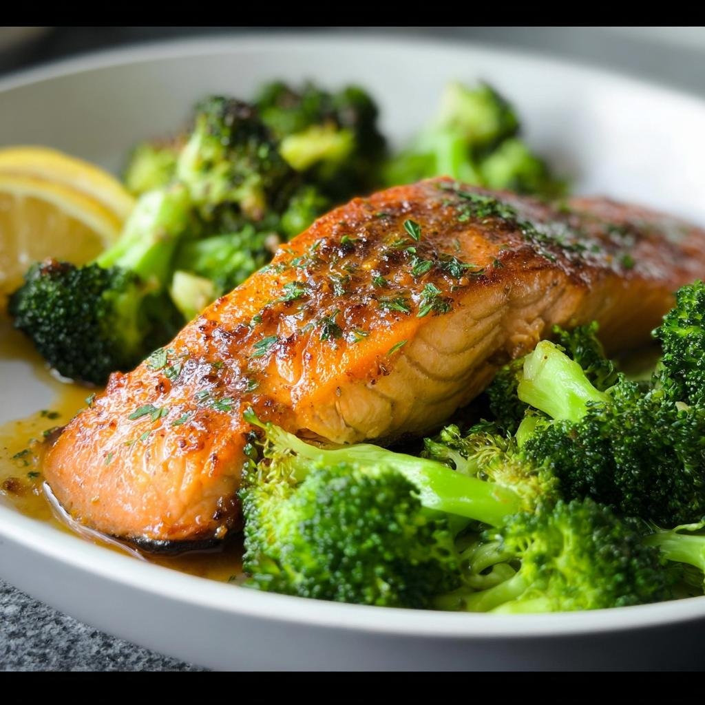 Close-up of a perfectly cooked fillet of One-Pan Honey Mustard Salmon glazed with herbs, served with bright green broccoli florets.