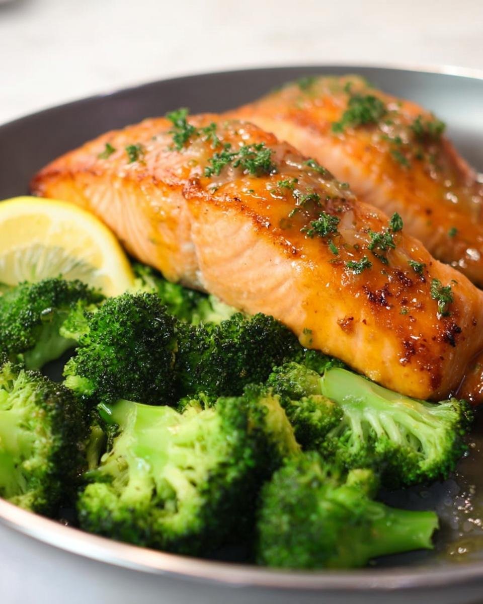 Two fillets of glazed One-Pan Honey Mustard Salmon served over bright green steamed broccoli with a lemon wedge.